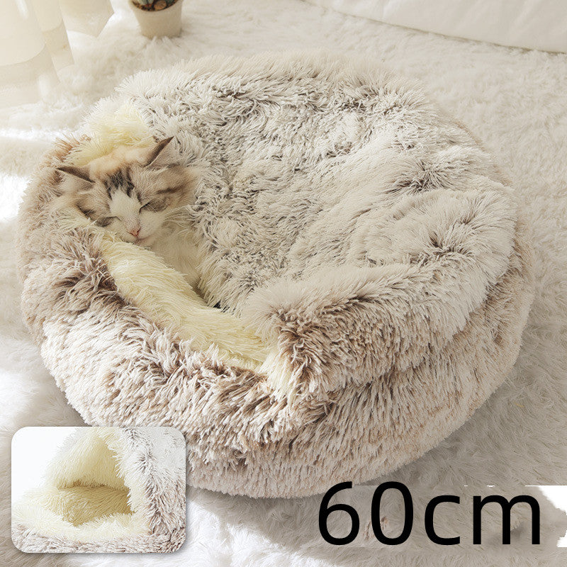 Warm Round Plush Pet Bed House for Dogs & Cats – Soft Winter 2-in-1 Design