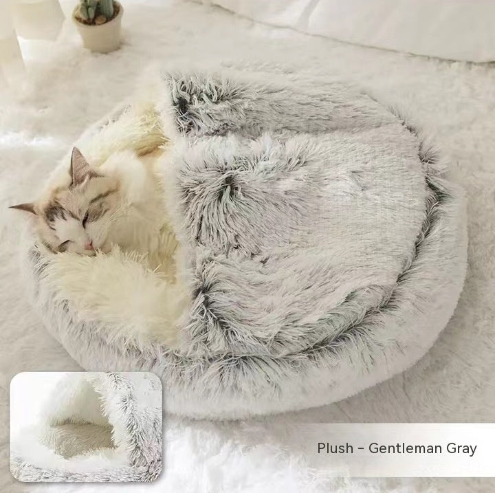 Warm Round Plush Pet Bed House for Dogs & Cats – Soft Winter 2-in-1 Design