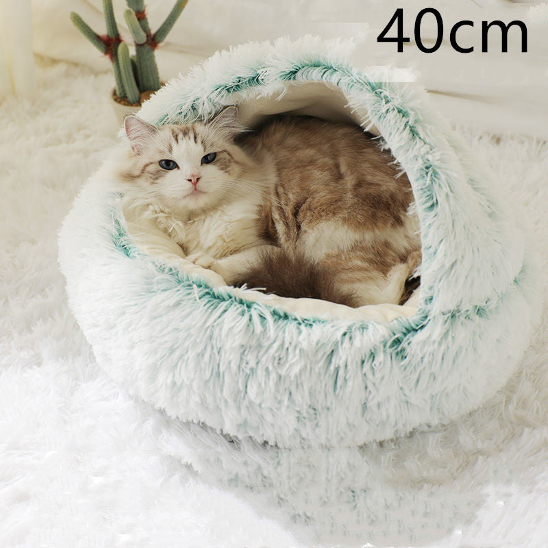 Warm Round Plush Pet Bed House for Dogs & Cats – Soft Winter 2-in-1 Design