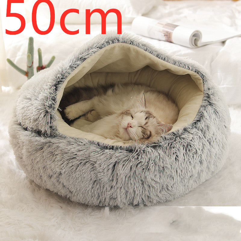 Warm Round Plush Pet Bed House for Dogs & Cats – Soft Winter 2-in-1 Design