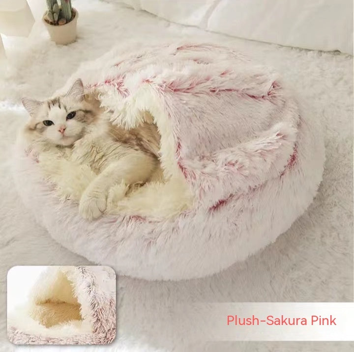 Warm Round Plush Pet Bed House for Dogs & Cats – Soft Winter 2-in-1 Design