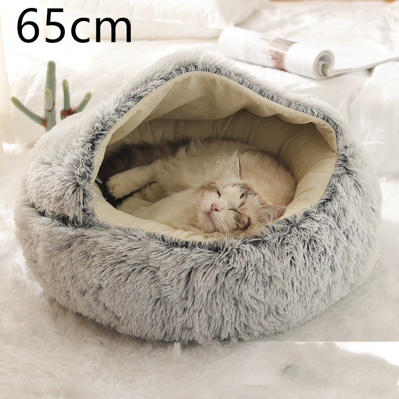 Warm Round Plush Pet Bed House for Dogs & Cats – Soft Winter 2-in-1 Design