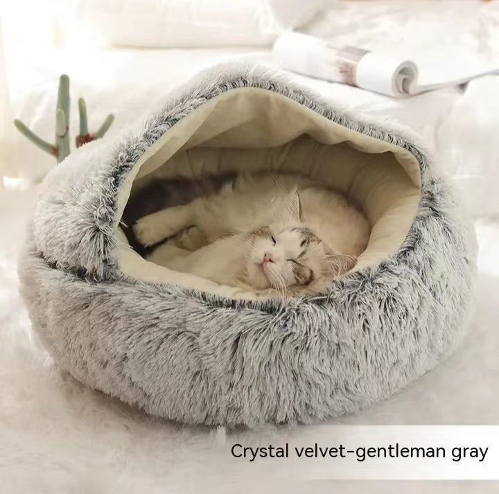 Warm Round Plush Pet Bed House for Dogs & Cats – Soft Winter 2-in-1 Design