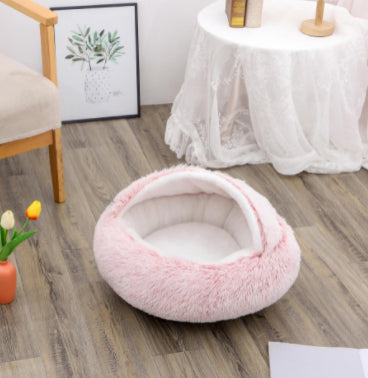 Warm Round Plush Pet Bed House for Dogs & Cats – Soft Winter 2-in-1 Design