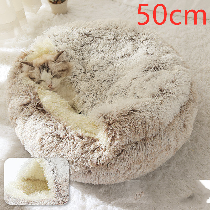 Warm Round Plush Pet Bed House for Dogs & Cats – Soft Winter 2-in-1 Design