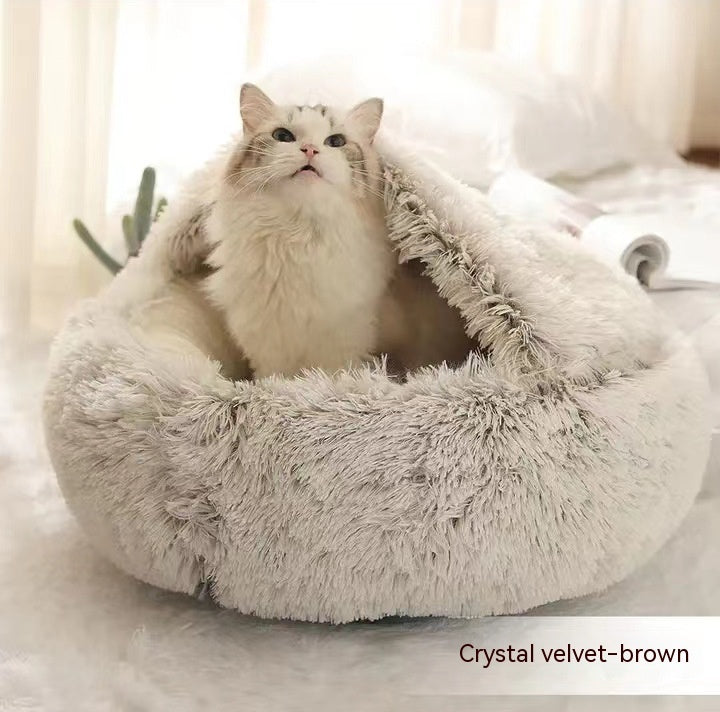 Warm Round Plush Pet Bed House for Dogs & Cats – Soft Winter 2-in-1 Design