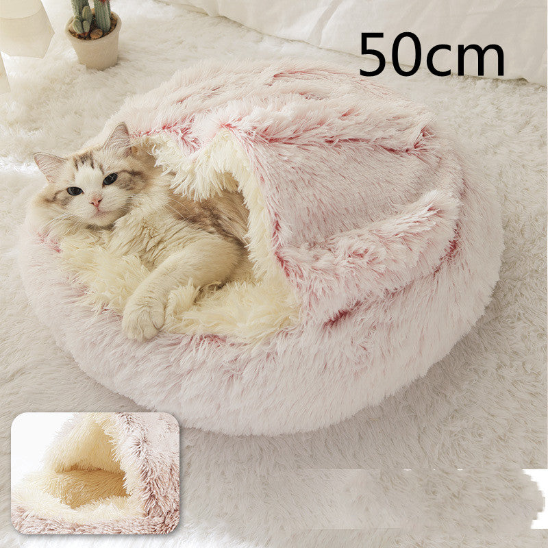 Warm Round Plush Pet Bed House for Dogs & Cats – Soft Winter 2-in-1 Design