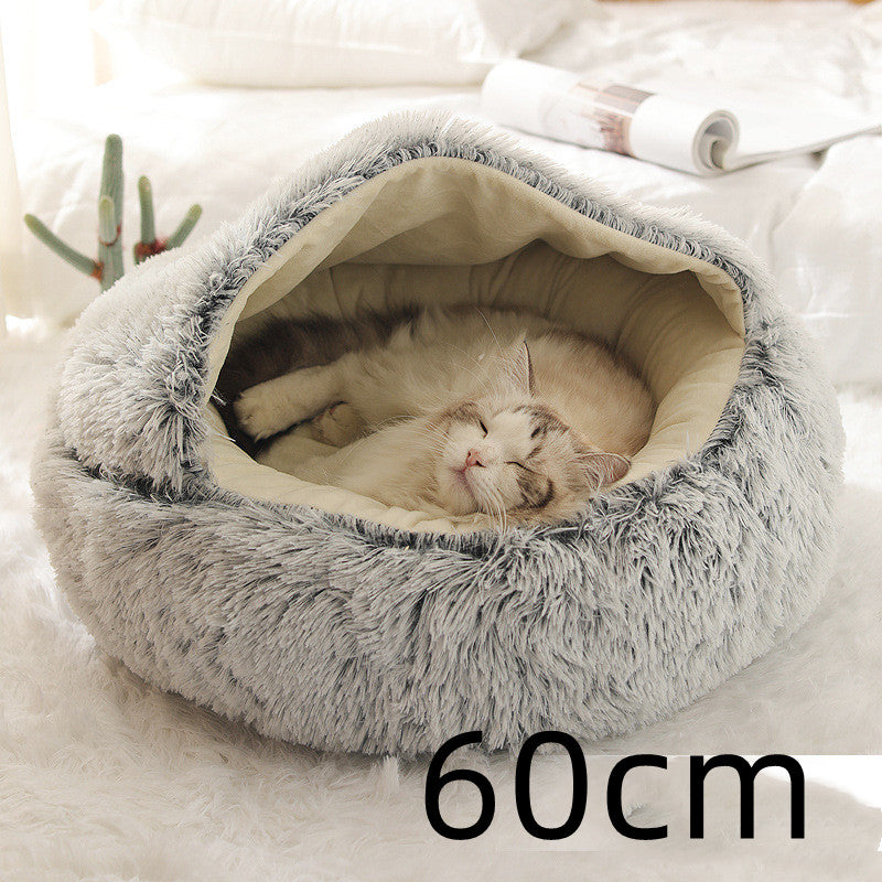 Warm Round Plush Pet Bed House for Dogs & Cats – Soft Winter 2-in-1 Design