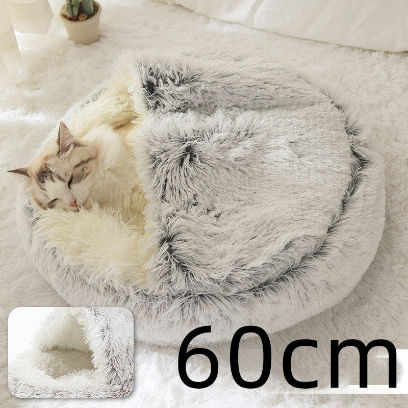 Warm Round Plush Pet Bed House for Dogs & Cats – Soft Winter 2-in-1 Design