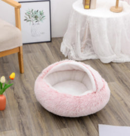 Warm Round Plush Pet Bed House for Dogs & Cats – Soft Winter 2-in-1 Design