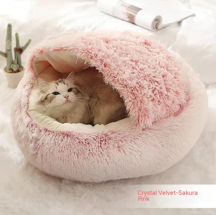 Warm Round Plush Pet Bed House for Dogs & Cats – Soft Winter 2-in-1 Design