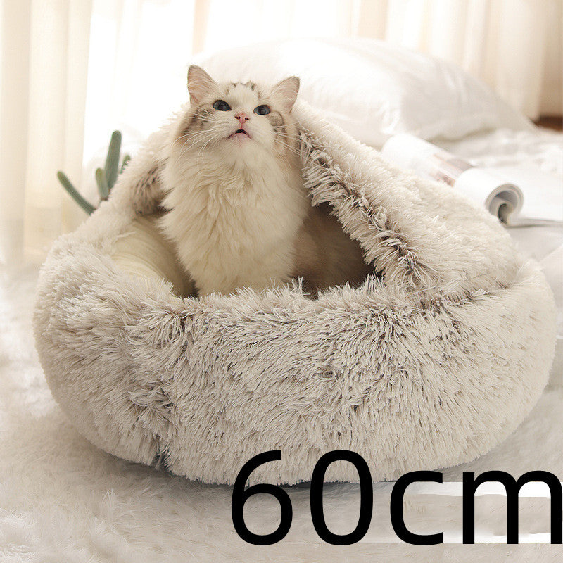 Warm Round Plush Pet Bed House for Dogs & Cats – Soft Winter 2-in-1 Design