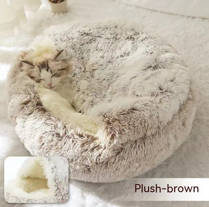 Warm Round Plush Pet Bed House for Dogs & Cats – Soft Winter 2-in-1 Design